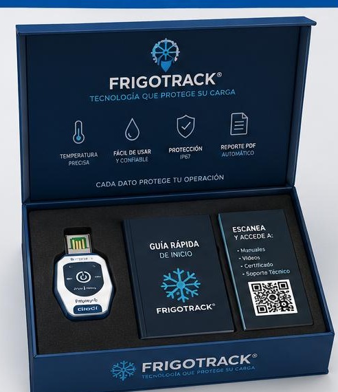 Kit FrigoTrack Essential: data logger, guía rápida y tarjeta de acceso a manuales