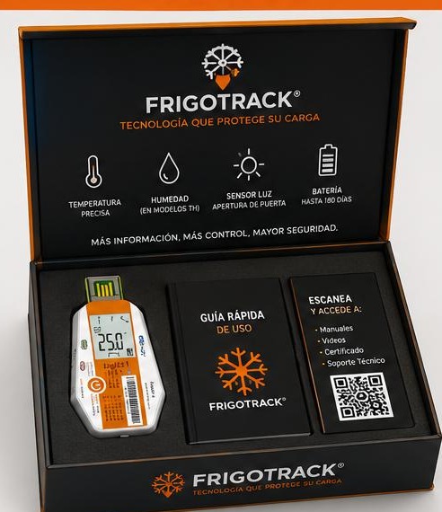 Kit FrigoTrack Professional: data logger con pantalla, guía de uso y tarjeta de acceso a manuales